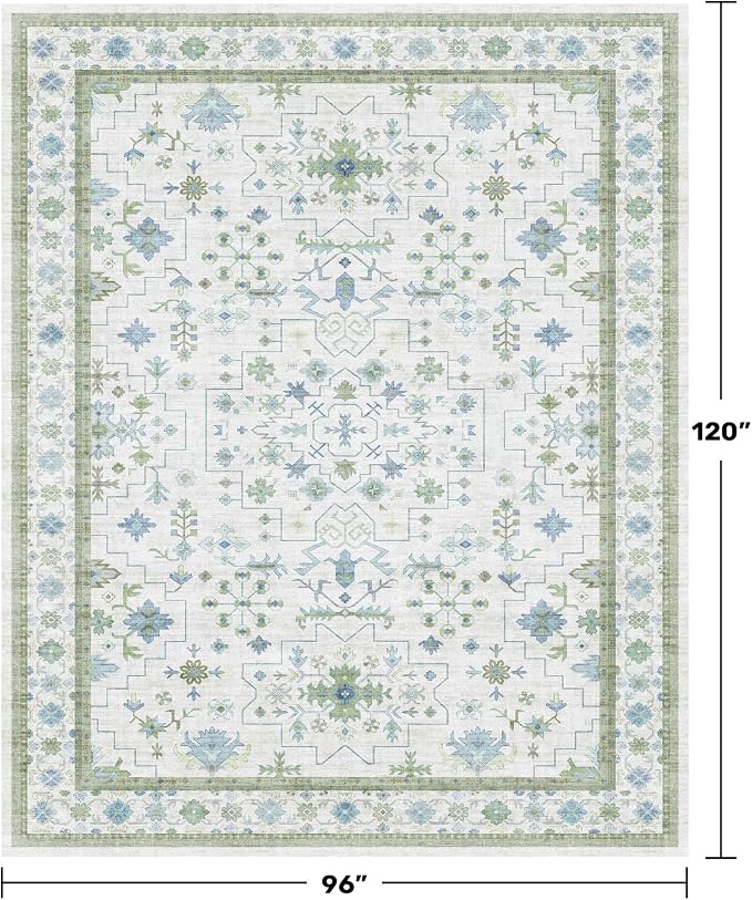 Hazo Haus Blue and Green Living Room Rug 8x10 - Cream Oushak Vintage Boho Floral Farmhouse, Washable Low Pile Non-Slip Extra Large Area Rugs for Bedroom, Girls, Boys, Playroom, Lounge