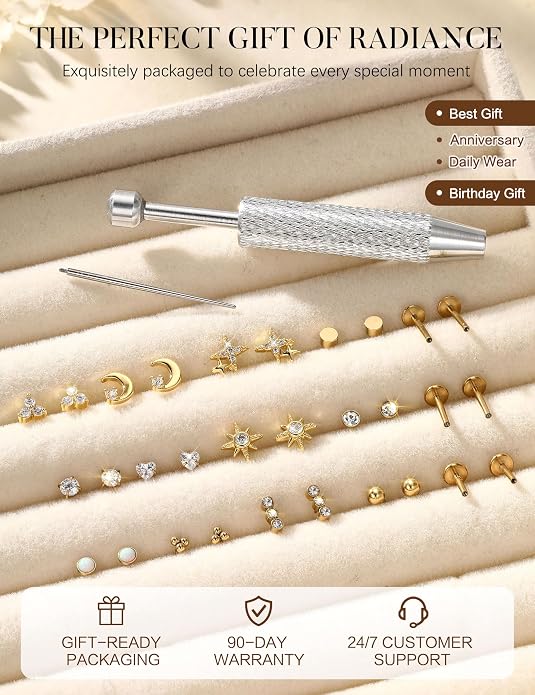 Drperfect 16G/18G Flat Back Stud Earrings for Women, Hypoallergenic Surgical Steel Gold Silver Plated Internal Thread Stud Piercing Jewelry for Tragus Helix Cartilage Conch Nose Lip Medusa Piercing
