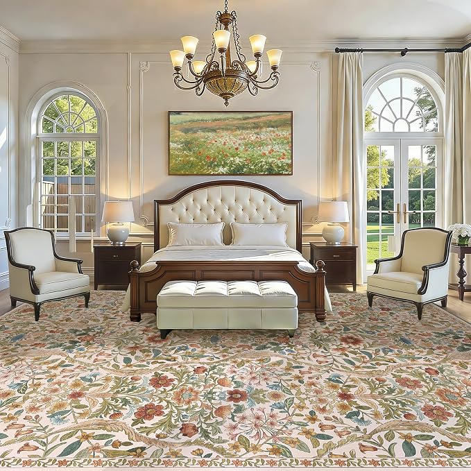 10x14 Beige Vintage Floral Area Rug,Washable Large Boho Living Room Rugs,Botanical Print Non-Slip Stain Resistant Lightweight Carpet for Bedroom Dining Room Nursery