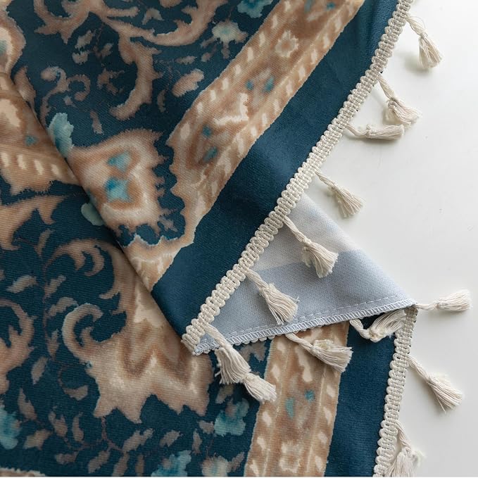 Teal Medallion Curtains 54 Inches Long, Boho Farmhouse Light Filtering Rod Pocket Drapes with Tassel Trim for Bedroom Living Room, 2 Panels