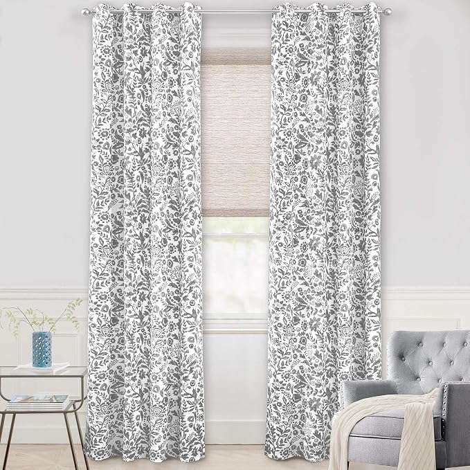 DriftAway Julia Blackout Curtains Grommet 2 Panels, W52xL120, Gray | Floral Curtains, Bedroom, Living Room, Room Darking, Watercolor Pattern, 2 Layers, Thermal Insulated, Window Treatment