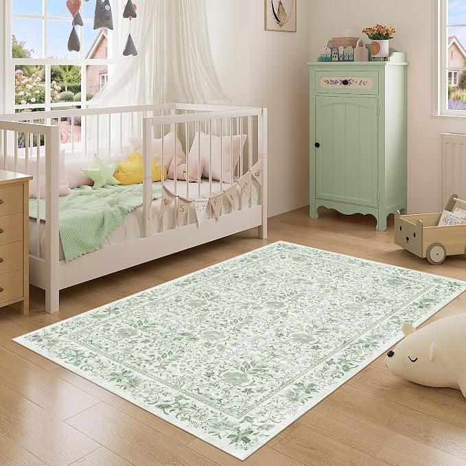 DUKINO 3x5 Rug Washable Vintage Floral Bedroom Area Rug Non Slip Sage Green | Low Pile, Non-Shedding, Aesthetic Lightweight Soft Indoor Small Carpet for Bathroom Entryway Living Room Office Farmhouse