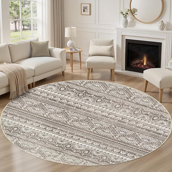 Tortania 8' Round Area Rug Living Room Rugs - Washable Large Soft Neutral Boho Moroccan Bohemian Farmhouse Rug Indoor Floor Carpet for Bedroom Under Dining Table Home Office Decor - Dark Brown