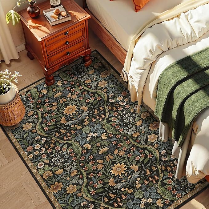 4x6 Black Brown Floral Boho Area Rug,Low-Pile Stain Resistant Non-Slip Machine Washable Carpet for Living Room,Bedroom, Kitchen,Entryway,Dining Room, Nursery