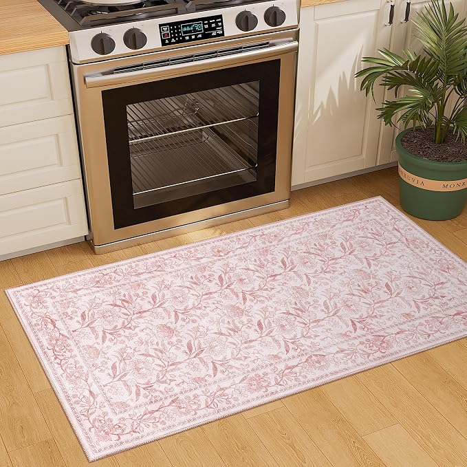 DUKINO 2x4 Rug, Washable Vintage Floral Entryway Rug Non Slip, Light Pink | Low Pile, Non-Shedding, Stain Resistant Boho Lightweight Soft Indoor Carpet for Kitchen Bathroom Hallway Laundry Farmhouse