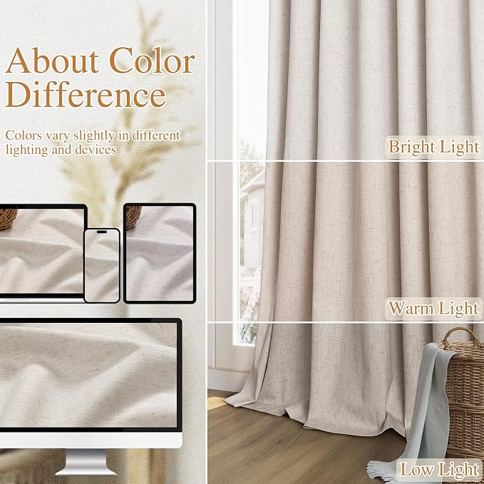Guken Extra Long 100% Blackout Linen Curtains for Bedroom 120 inches Long, Thermal Insulated Room Darkening Black Out Drapes for Living Room, Back Tab Rod Pocket 2 Panels Set,Farmhouse,52x120