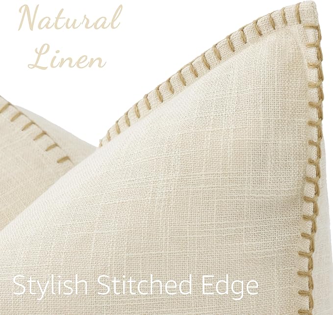 decorUhome Cream Faux Linen Outdoor Throw Pillow Covers 18x18 Set of 2 | Fall Decorative Textured Neutral Modern Farmhouse Pillow Covers with Stitched Edge for Couch Sofa Bed Living Room