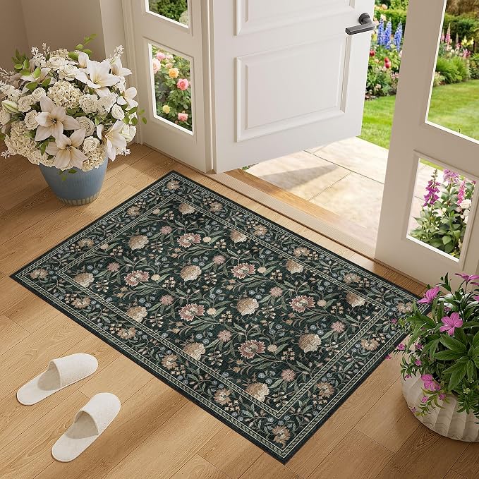 DUKINO 2x3 Rug, Washable Vintage Floral Bathroom Rugs Non Slip, Dark Green | Low Pile, Stain Resistant Boho Soft Indoor Door Mat, Small Front Door Carpet for Entryway Kitchen Laundry Bedroom Farmhouse