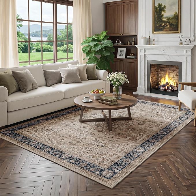 FMFUNCTEX 5x7 Brown Washable Area Rug Vintage Distressed Oriental Non Slip Low Pile Neutral Indoor Carpet for Living Room Bedroom Soft Retro Floral Thin Large Rug for Dining Nursery Office Dorm