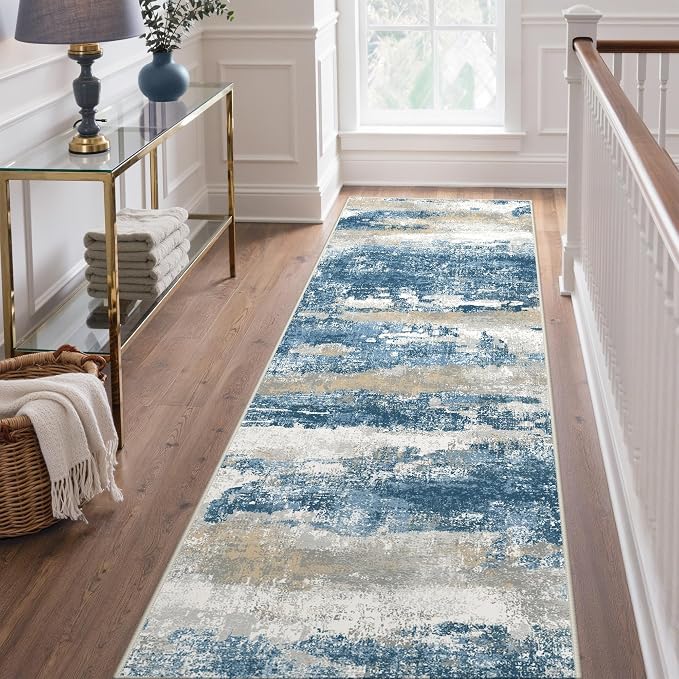 GENIMO Runner Rug Non Slip 2'6"x8', Washable Rug Runner for Hallways Kitchen, Abstract Modern Kitchen Rugs, Low Pile Lightweight Carpet Runners for Entryway, Bedroom, Laundry, Sky Blue