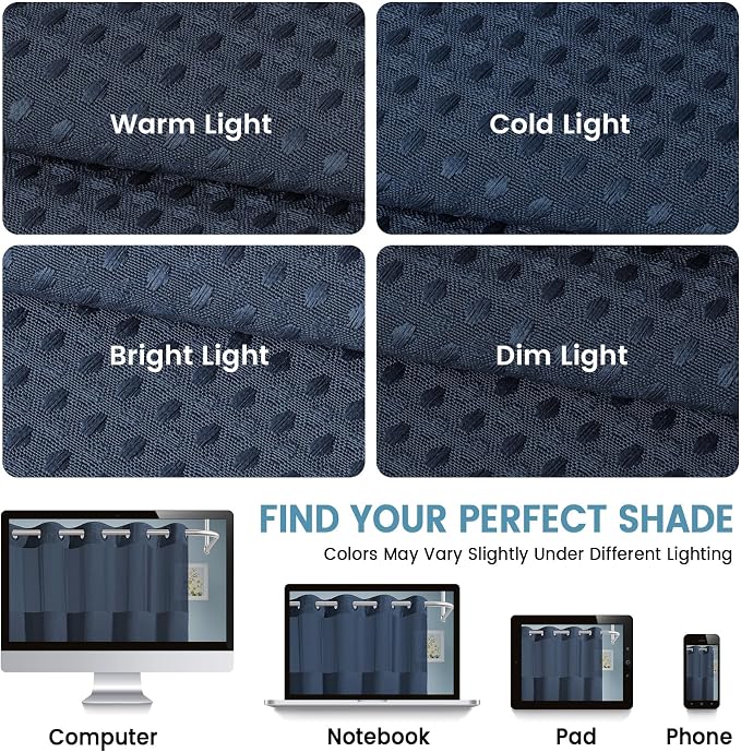 EUTXL Heavyweight Navy Blue Stall No Hook Shower Curtain with Snap in Liner,256GSM Waffle Weave Shower Curtains for Bathroom,54W x 80H