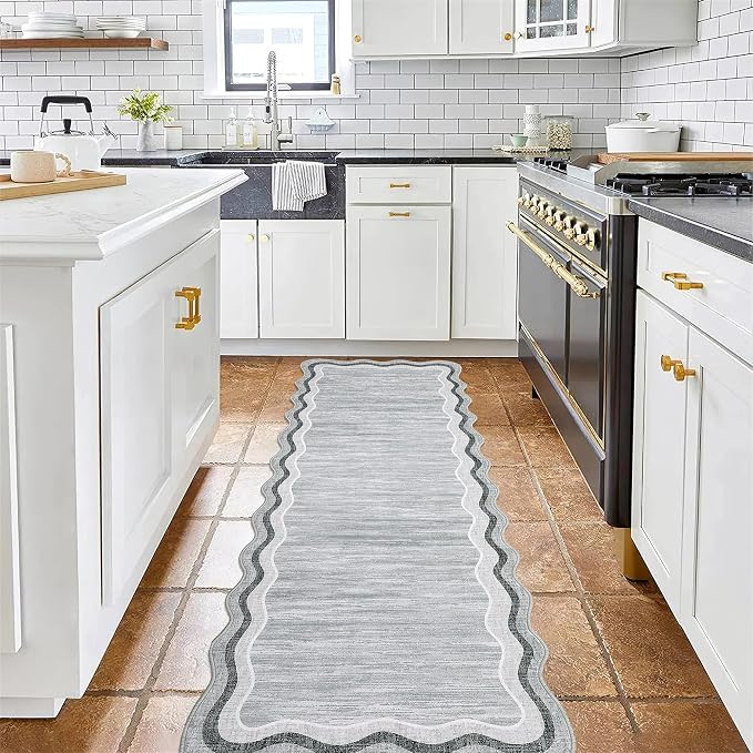 Garvee Washable Runner Rug 2x6 Scalloped Rugs for Bathroom Modern Kitchen Hallway Rugs Stain-Resistant Non-Slip Solid Rug Soft Scalloped Entryway Carpet Runner for Bathroom Laundry Bedside(Grey,2x6ft) | Modern Long Runner Rug for Entryway Bedroom, Non ...