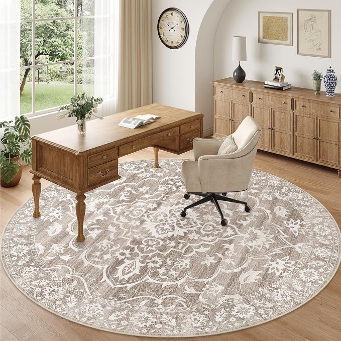 Soalmost Washable Round Rug 9ft for Living Room,Soft Circle Rug Light Brown | Vintage Floral Ultra-Thin Non-Slip 9x9 Round Throw Carpet for Nursery Bedroom Kitchen Dining Room 9'Round