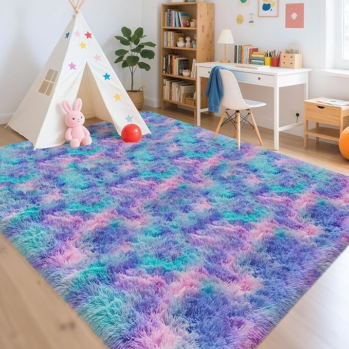 Purple Rainbow Fluffy Soft Area Rug 8x10 ft Plush Furry Rugs for Girls Bedroom Kawaii Shaggy Rug for Living Room Fuzzy Nursery Rug for Baby Toddler's Room Cute Colorful Room Decor for Kids
