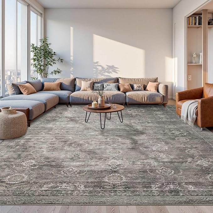 Rugxara 10x14 Area Rugs for Living Room Large Washable Rug, Taupe/Grey | Non Slip, Rug for Bedroom Dining Room Office Farmhouse, Stain Resistant, Soft, Low Pile, Vintage Boho Carpet, Home Decor