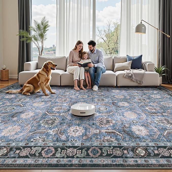 8x10 Area Rugs, Soft Non Slip Low Pile Washable Rug, Boho Modern Rug for Living Room, Bedroom, Dining Room, Blue