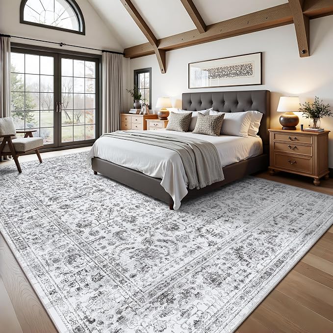 8x10 Area Rugs for Living Room, Washable Vintage Retro Floral Rug, Low Pile Non Slip Distressed Large Carpet for Bedroom, Dining Room, Office, Home (Vintage Black)
