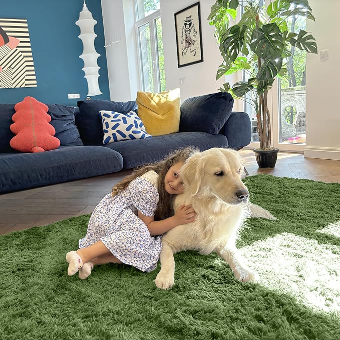 OLANLY 6x9 Machine Washable Large Area Rugs for Living Room, Bedroom, Soft Fluffy Shaggy Bedside Rug, Indoor Floor Carpet for Kids Girls and Boys, Dorms, Nursery, Home Decor Aesthetic, Green