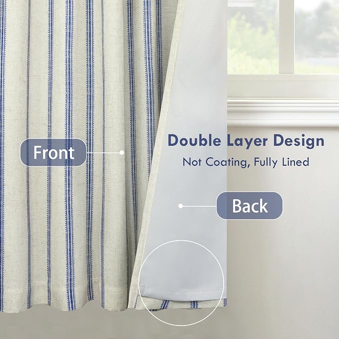 DriftAway Farmhouse Stripe Blackout Curtains, W52xL36, Navy | Blackout, Linen Texture, Stripe Pattern, Rod Pocket & Back Tab, Two Layers, Bedroom Living Room Use, Sound Reducing Design