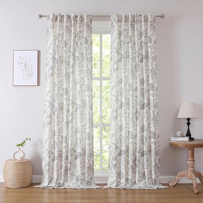 Kayne Studio Botanical Print Semi Sheer Curtains, Linen Grey Floral Leaf Farmhouse Curtains for Bedroom Living Room, Linen Curtain Light Filtering Drapes, Rod Pocket Back Tab,52"x95",2 Panels