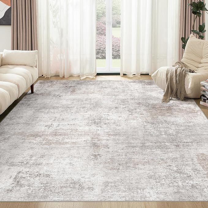 Abstract 10x14 Area Rug: Machine Washable Non Slip Ultra Thin Low-Pile Carpet, Soft Stain Resistant for Living Dining Room Bedroom, Kid Pet Friendly, Robot Vacuum Compatible - Brown Grey