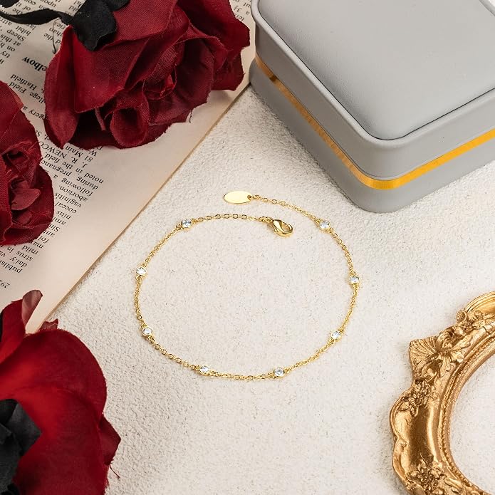 14K Gold Anklets for Women Non Tarnish 1/5 Carat Diamond Ankle Bracelet 14K Gold Ankle Bracelets for Women Waterproof Box Station Chain Design Jewelry for Women 9/10/11in