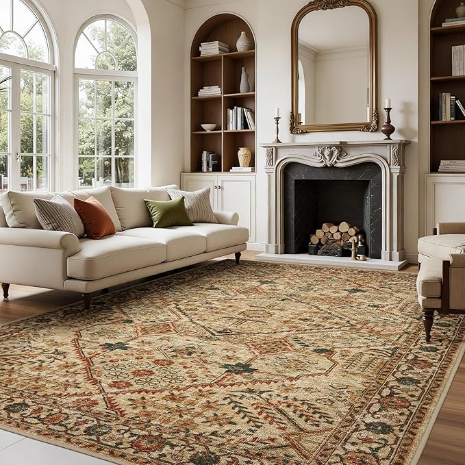 Joydeco 6x9 Area Rugs for Living Room Vintage, Tan | Non Slip Machine Washable Low Pile for Bedroom Dining Room Home Office Pet & Child Friendly