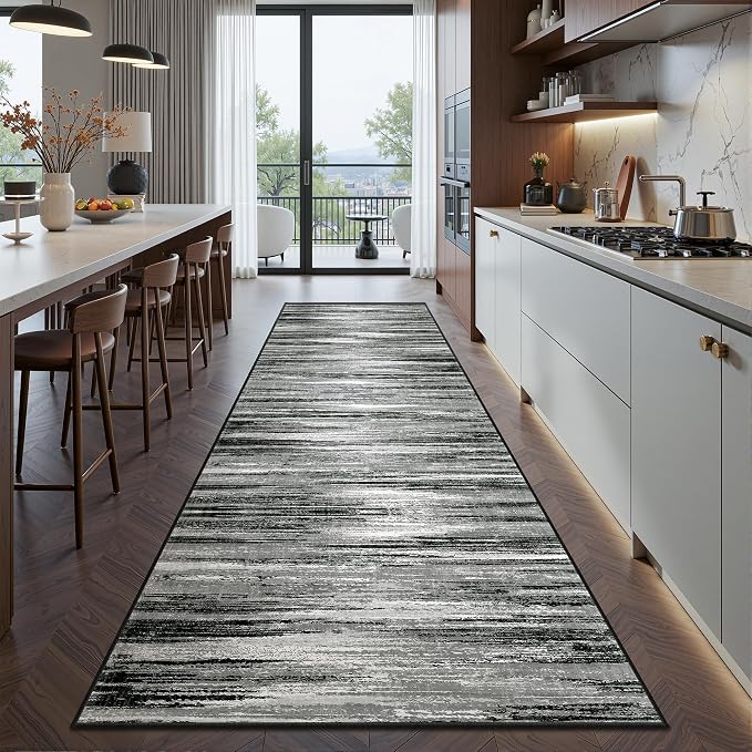 2x10 Runner Rug Non Slip,Washable Hallway Runner Rug,Black | Long Neutral Rugs for Kitchen,Entryway,Bedroom,Bathroom,Laundry Room,Thin,Soft Runner Rug,Stain Resistant Indoor Carpet