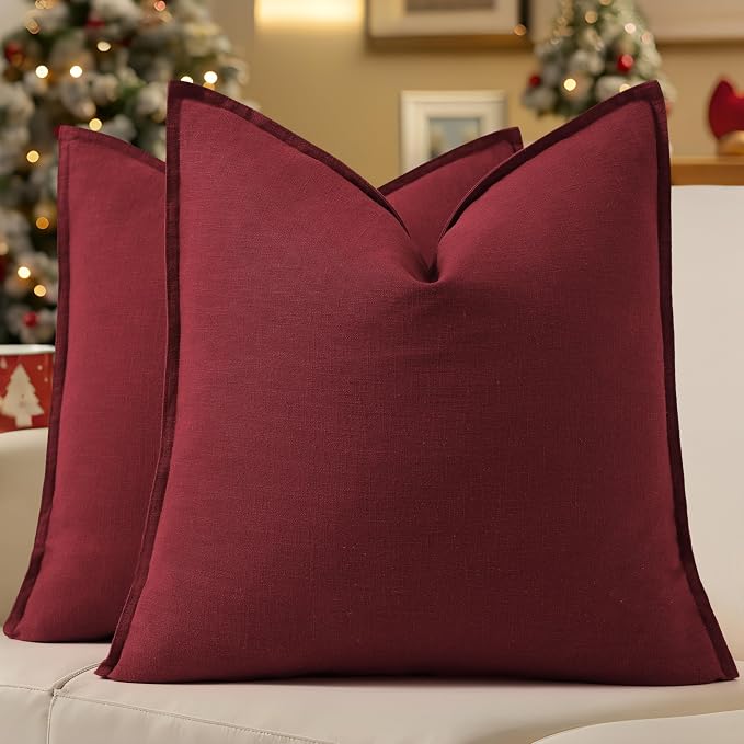 decorUhome Fall Burgundy Linen Throw Pillow Covers 20x20 Set of 2 | Decorative Soft Cozy Modern Farmhouse Boho Accent Pillow Cases with Flange Edges for Couch Bed Sofa Living Room Home Decor