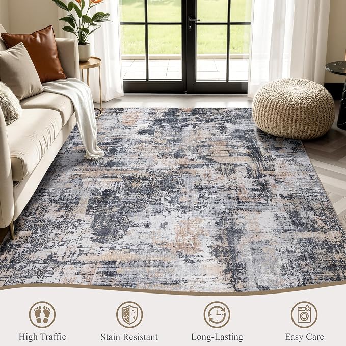 Sasttie 8x10 Soft Area Rug for Living Room, Modern Abstract Washable Large Carpet for Bedroom, with Non-Slip Backing, Black and Cream