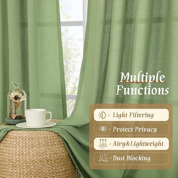 LAMIT Linen Blended Curtains 84 inch for Living Room, Linen Textured Light Filtering Drapes Rod Pocket Boho Panels for Farmhouse/Living Room, 2 Panels, 52 x 84 Inch, Green
