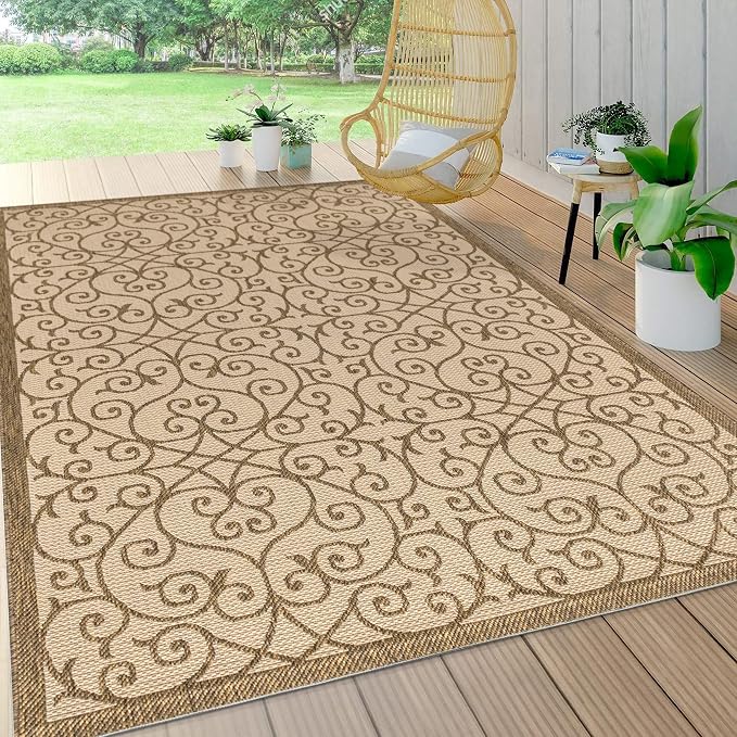 JONATHAN Y Vintage Filigree Indoor Outdoor Area Rug 6X9 Beige/Brown, Madrid Textured Weave for Backyard, Patio, Porch, Easy-Cleaning, High Traffic, Pet-Friendly, Non-Shedding (SMB107B-6)