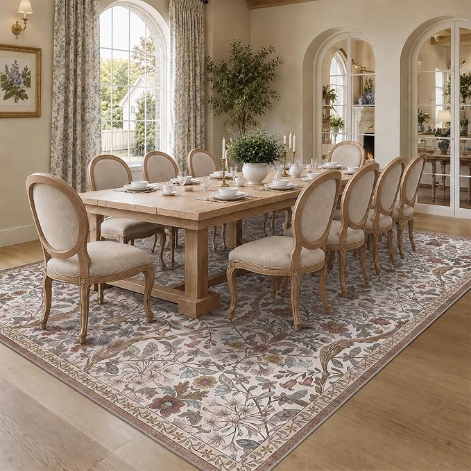8x10 Washable Area Rug for Living Room, Large Vintage Khaki Beige Floral Rugs, Soft Non-Slip Stain Resistant Boho Lightweight Carpet for Bedroom Dining Room Nursery Home Office