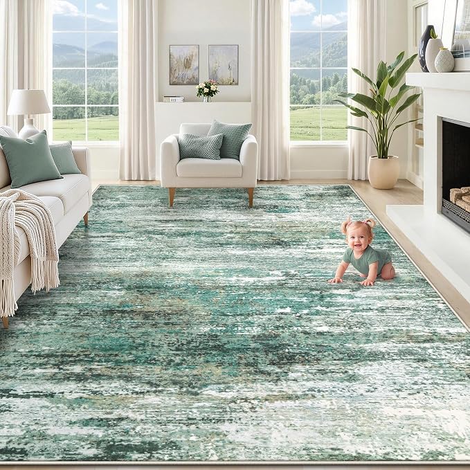 XLUEZ 8x10 Area Rugs for Living Room, Washable Modern Abstract Large Area Rug Neutral Soft Non Slip Kids Rug Stain Resistant Indoor Carpet for Bedroom Nursery Dining Room Playroom(Green, 8'x10')