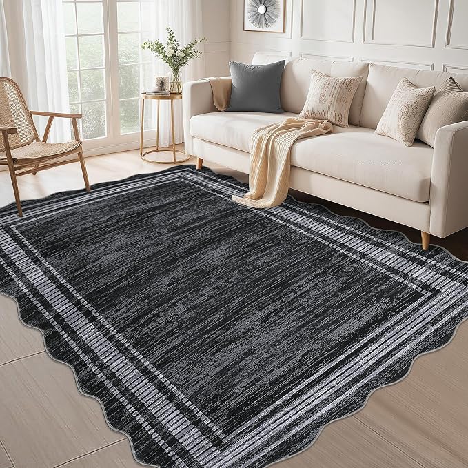 Garvee Black Scallop Area Rug 5x7 Washable Rugs for Bedroom Neutral Rug | Soft Low Pile Solid Rug, Bedroom Throw Carpet Stain Resistant Classic Area Rug Boho Rugs for Kitchen Nursery