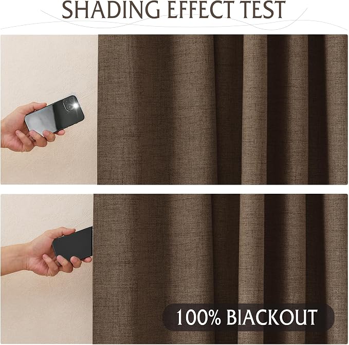 RYB HOME Brown 100% Blackout Curtains 63 inch Long, Light Blacking & Thermal Insulated Linen Curtains for Nursery/Bedroom/Boys'Room, Back Tab & Rod Pocket Window Treatment, W52 x L63, 2 Panels