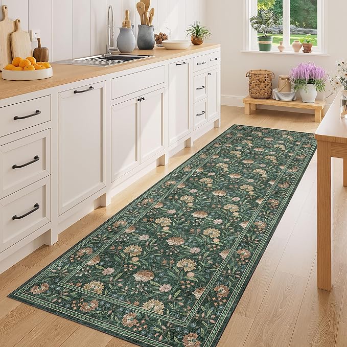 DUKINO 2x6 Runner Rug, Washable Vintage Floral Kitchen Rug, Green | Non Slip, Low Pile, Non-Shedding, Stain Resistant Soft Carpet Runner for Hallway Bathroom Entryway Bedroom Laundry Farmhouse