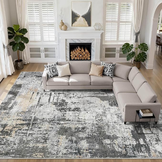 10x14 Area Rugs Living Room: Washable Large Abstract Modern Soft Rug Stain Resistant Indoor Floor Non Slip Accent Carpet for Bedroom Nursery Playroom Office Dining Room Dorm Home House- Black Gold