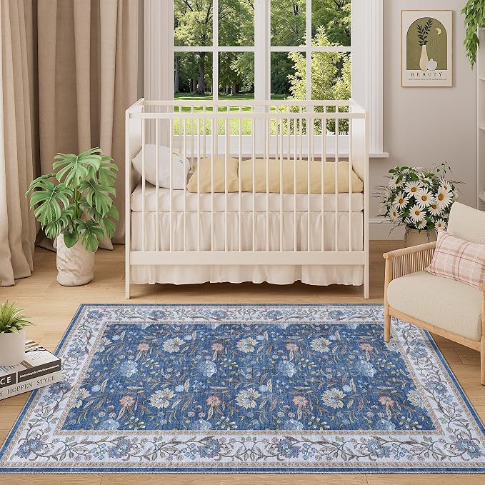DUKINO 3x5 Rug, Washable Vintage Floral Bedroom Area Rug Non Slip, Sky Blue | Low Pile, Non-Shedding, Stain Resistant Boho Lightweight Soft Indoor Carpet for Bathroom Office Dining Living Room Farmhouse