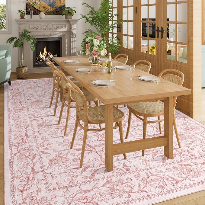 DUKINO 9x12 Area Rug for Living Room Vintage Floral Washable Rug Light Pink | Non Slip, Low Pile, Non-Shedding, Stain Resistant, Aesthetic Soft Indoor Large Carpet for Bedroom Dining Room Farmhouse