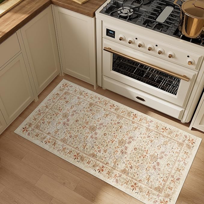 DUKINO 2x4 Rug, Washable Vintage Floral Bathroom Runner Rug, Beige | Non Slip, Low Pile, Stain Resistant, Aesthetic Lightweight Soft Indoor Carpet for Kitchen Entryway Hallway Bathroom Bedroom