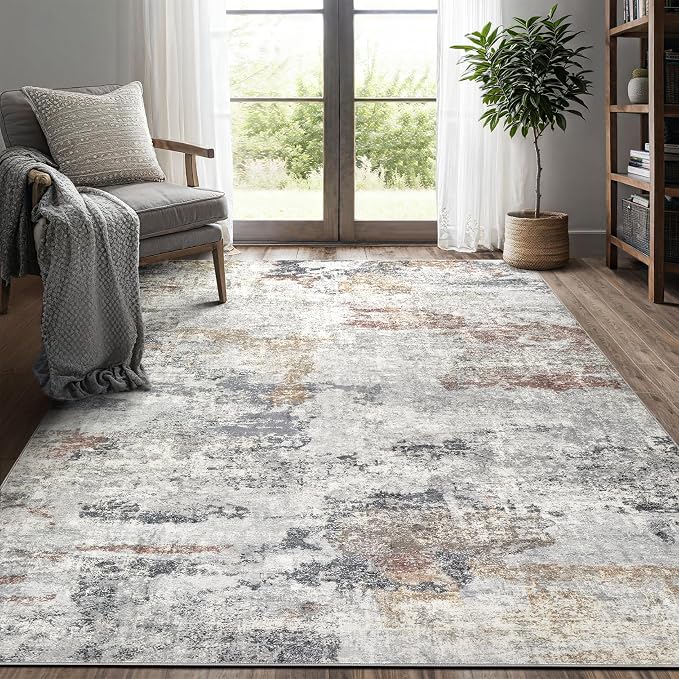 DMOYEST 5x7 Area Rug - Washable & Non Slip Indoor Rug for Living Room, Kid & Pet Friendly Abstract Low Pile Soft Carpet for Bedroom and Dining Room - Grey/Orange/Yellow