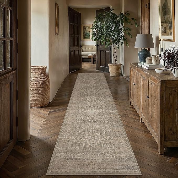 HUGEAR Hallway Runner Rugs 3x10 Light Brown Washable Rug Neutral Vintage Rug Carpet Distressed Soft Durable Non Slip No Shedding for Indoor Bedroom Kitchen Dining Nursery Laundry