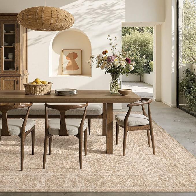 Nakagishi 10X14 Area Rugs Living Room:Washable Large Vintage Rug Neutral Non-Slip Soft Stain Resistant Indoor Carpet for Bedroom Nursery Dining Room Office Playroom
