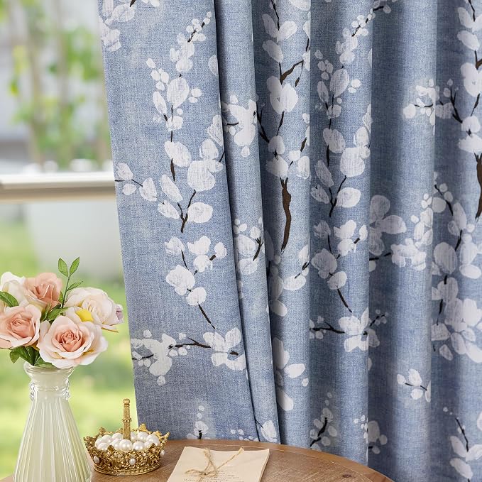 FMFUNCTEX 100% Blackout Blue Floral Curtains 96 Inch Rod Pocket 2 Panels | Black Out Drapes, Thermal Insulated Cottage Farmhouse, Blossom Flower Patterned Curtain for Bedroom, Living Room Darkening