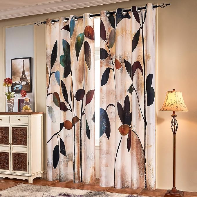 SUBRTEX Light Flitering Curtains 52Wx95L, Room Darkening Vibrant Floral Drapes, 50% Blackout, Semi Sheer Boho Farmhouse Curtains for Living Room, Brown