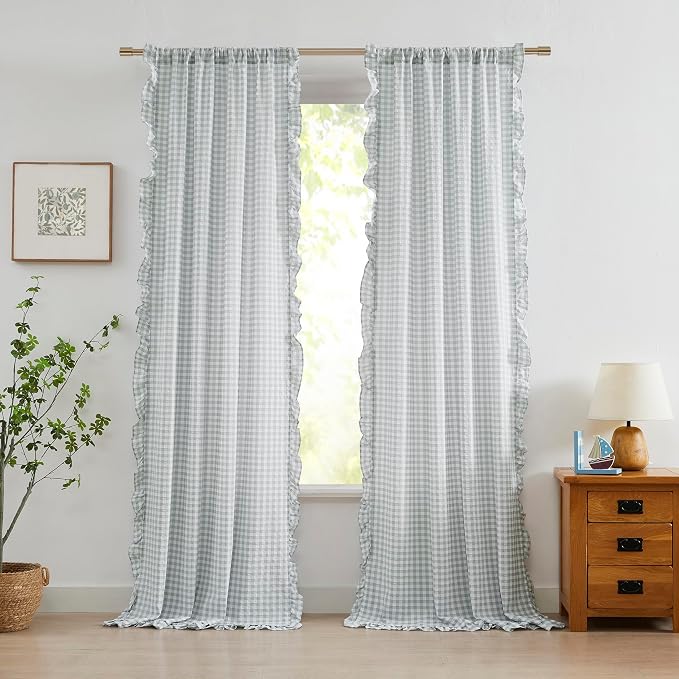 ZJDECOR Grey White Buffalo Plaid Sheer Curtains 84 Inches Length,Rod Pocket | Cozy Ruffle Not-See-Through Sheer Crinkle Drapes,Rustic Window Treatment for Bedroom Living Room,40"Wx84"L(Pack of 2)