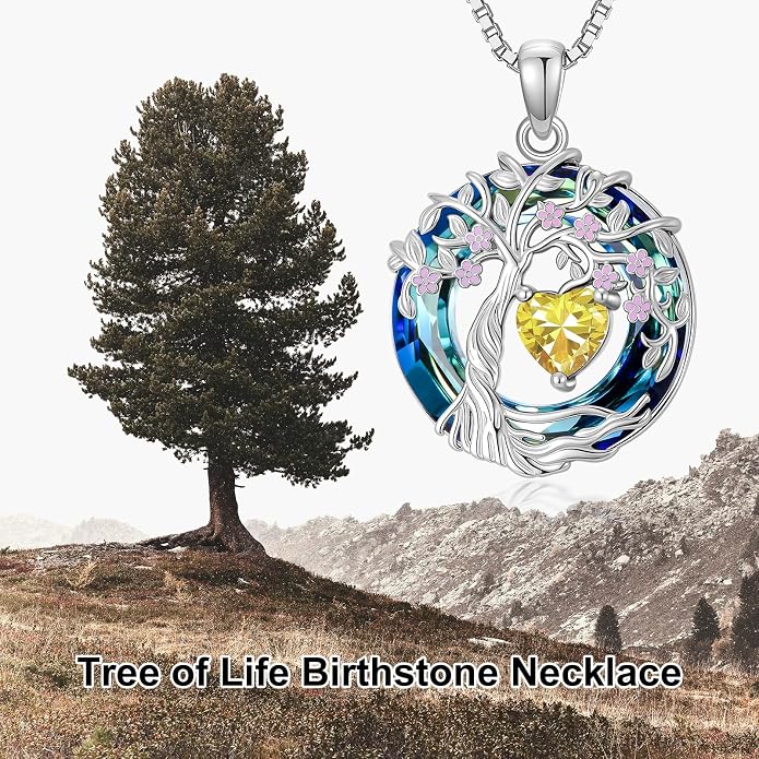 Tree of Life Birthstone Necklace 925 Sterling Silver Crystal Tree of Life Pendant Birthstone Jewelry Birthday Christmas Gifts for Women Mom Her Wife