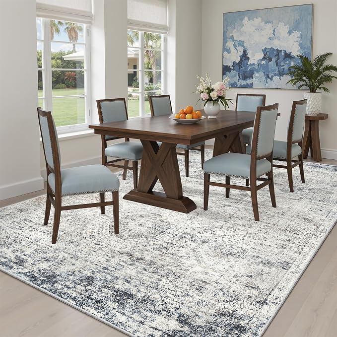 Soalmost 7x9 Area Rug for Living Room Washable Abstract Vintage Soft Thin Indoor Floor Non-Slip Carpet for Bedroom Dining Room Blue Ivory