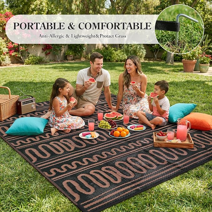 Beeiva Outdoor Rug 8x10 Waterproof for Patio, Reversible Plastic Straw Rug for Deck, Backyard, RV Camping, Black Brown